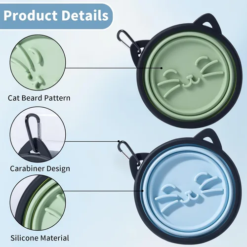 Miniatura 3 de Paquete de 2 cuencos plegables de silicona para perros, con forma de oreja de mascota y cuenco de agua de viaje con gráficos de gato, lleno