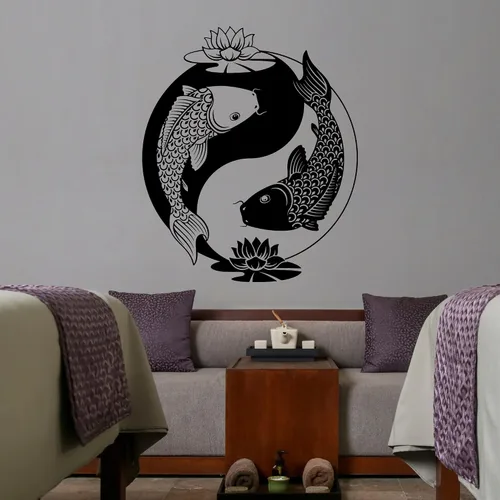 Grande de Vinilo calcomanía decorativo para pared, diseño de Ying Yang Tai Lotus chino Filosofía Zen pegatinas de pescado (ig3606)