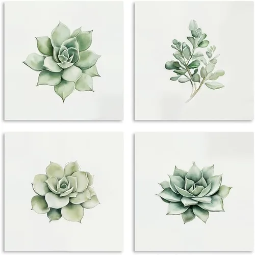 Kunstorner Juego de 4 suculentas para decoración de pared de baño, juego de 4 imágenes suculentas para baño, acuarela, hojas verdes, estampado de