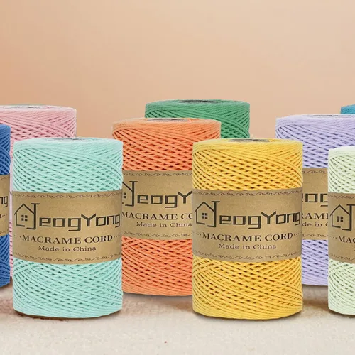 Miniatura 6 de Cuerda de macramé de colores de 0.039 in, cuerda de algodón de 656 pies, 3 hebras trenzadas, cuerda de algodón colorido para manualidades, Amarillo