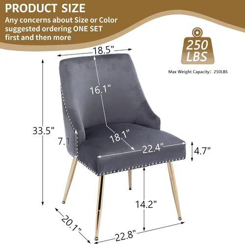 Miniatura 3 de KCC Juego de 2 sillas de comedor de terciopelo con forma de cabeza de clavo con patas doradas para cocina, sala de estar (gris)
