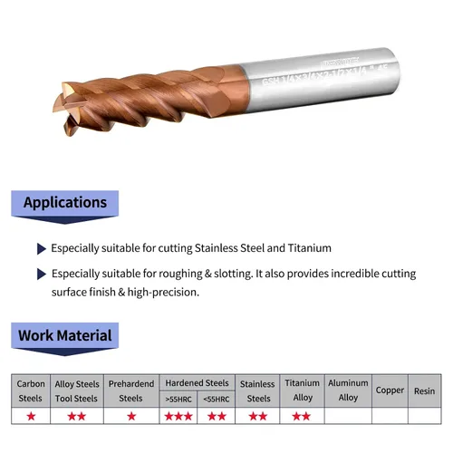 Miniatura 3 de Tools GSH Carburo Square End Mill, revestimiento ZrN, Fresa cuadrada para acero de aleación media, acero inoxidable, acero de dureza, mecanizado