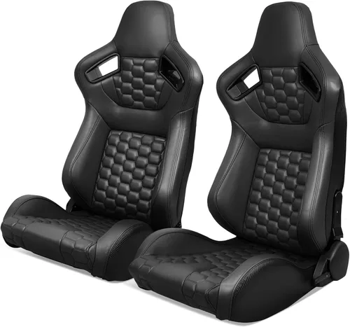Miniatura 14 de IKON MOTORSPORTS, Asientos universales para vehículos de carreras con deslizadores dobles, asientos deportivos reclinables de cuero PU beige + cuero