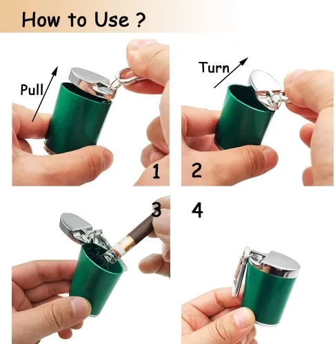 Miniatura 3 de Hourwof Cenicero portátil de metal con tapa, cenicero de bolsillo para cigarrillos, bandejas de ceniza de viaje con llavero, negro ovalado