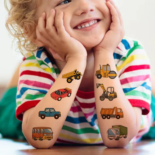 Miniatura 3 de CHARLENT Tatuajes temporales para automóviles y camiones para fiestas infantiles, 74 hojas individuales, para construcción de automóviles