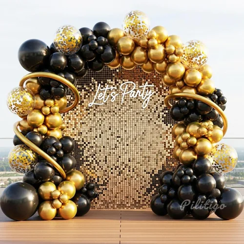 Kit de arco de globos negros y dorados, 114 piezas de oro negro con confeti y globos largos para decoraciones de graduación 2026, cumpleaños para