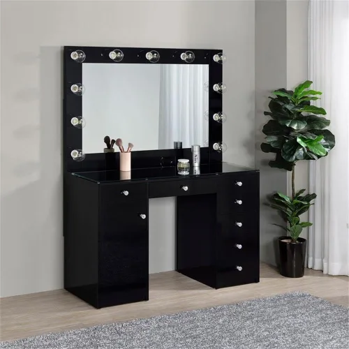 Miniatura 7 de MAKLAINE Juego de tocador de 7 cajones con espejo iluminado, parte superior de madera y vidrio, acabado negro de alto brillo, tocador contemporáneo