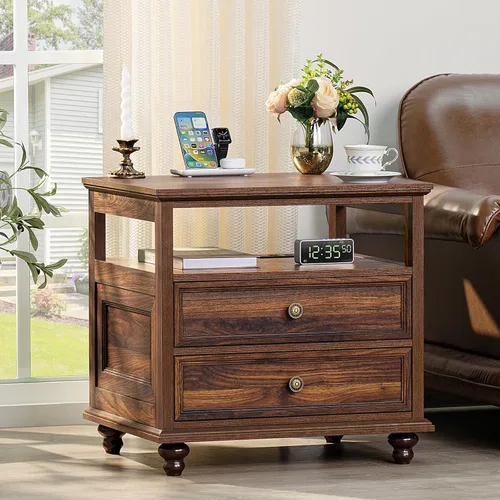 Miniatura 31 de Joaxswe Mesita de noche estilo granja con estación de carga, mesa auxiliar de 61 cm de ancho con 2 cajones, cómoda natural para dormitorio, cómoda