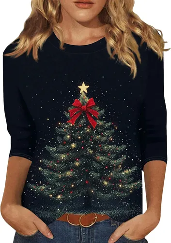 Miniatura 115 de Camisetas de manga 3/4 para mujer, cuello redondo, holgadas, casuales, con estampado floral, camisetas de moda para el trabajo de negocios