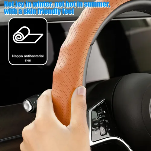 Miniatura 3 de Funda para Volante de Automóvil, Cuero Nappa de 15 Pulgadas Antideslizante y Ultra-Delgada, Protector de Volante de Vehículo 5D, Accesorios Naranja