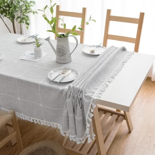 Miniatura 2 de Oubonun Mantel rectangular de lino de algodón, resistente a las arrugas y resistente al agua, lavable a máquina con borlas para cocina y comedor, 55