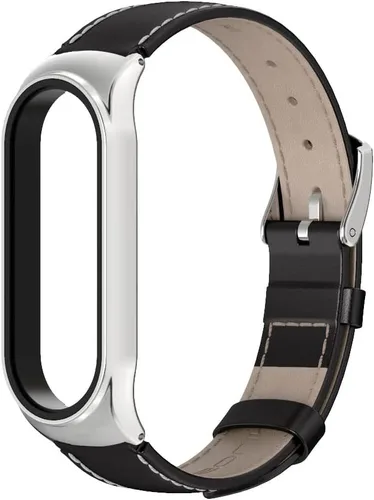 Miniatura 2 de Correa de repuesto de cuero genuino para Amazfit Band 5 Smart Bracelet Watch Accesorios Negro y plateado