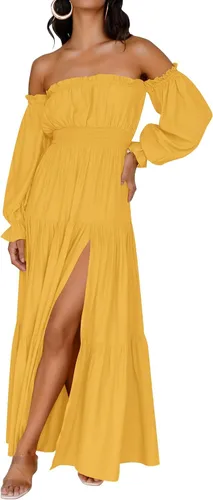 Miniatura 104 de ZESICA - Vestido largo, bohemio y sexy, con hombros descubiertos y manga larga fruncida, con elástico fruncido, cintura alta y abertura lateral
