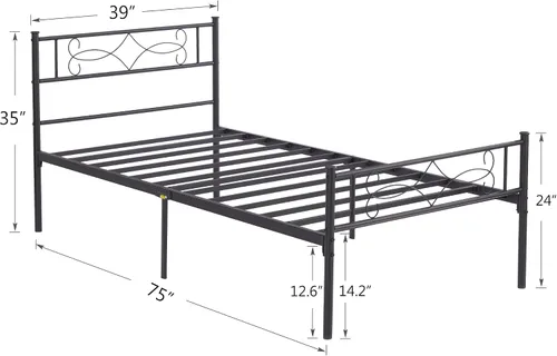 Miniatura 2 de VECELO Marco de cama de plataforma de metal de tamaño individual de 14 pulgadas con cabecero, soporte de listones de acero de alta calidad,