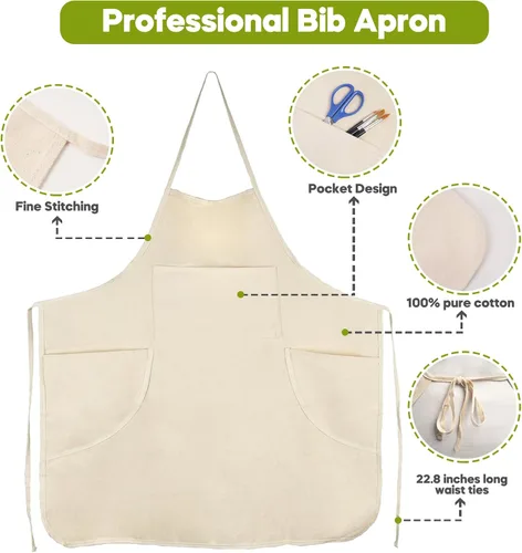 Miniatura 6 de Mandil de lona CONDA para adulto, para artistas, tiene 3 bolsillos, color natural, 31x27 pulgadas (paquete de 3 unidades), 1 pieza