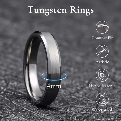 Miniatura 118 de King Will Anillo de boda de tungsteno para hombre, disponible en 15/64 a 25/64 de pulgada (6 a 10 mm), negro/plata, acabado mate, borde pulido