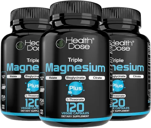Miniatura 11 de Health Dose Triple Magnesium Complex 1000 mg Mezcla de L-treonato, bisglicinato, citrato y malato Apoyo para la relajación muscular, el sueño