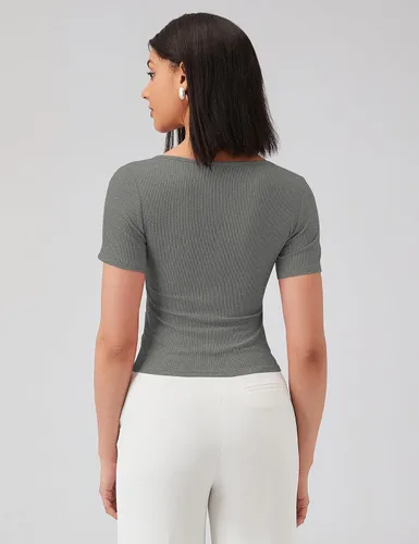 Miniatura 3 de Bashafo Camisetas de manga corta con cuello en V para mujer, ajustadas, casuales, de punto acanalado