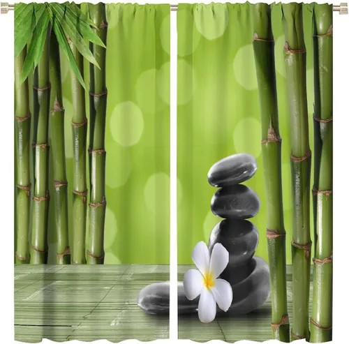Miniatura 28 de Cortinas con estampado de bambú, tallos y hojas de bambú, temática oriental natural, oscurecimiento de habitación, ventana, ventana, cortina