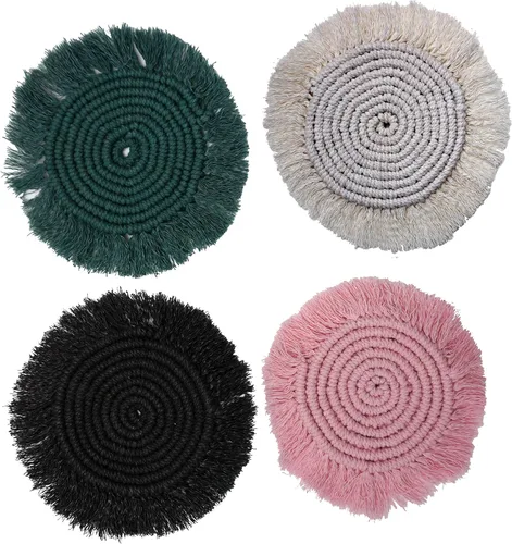 Miniatura 5 de Posavasos de macramé 100% algodón hechos a mano en la India, elegante y absorbente de 6 pulgadas, juego de posavasos redondos bohemios con borlas