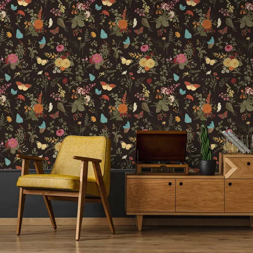 Miniatura 4 de VEELIKE Papel pintado de caléndulas oscuras, mariposas negras vintage, 17.7 x 118 pulgadas, mural de pared floral extraíble, papel de contacto
