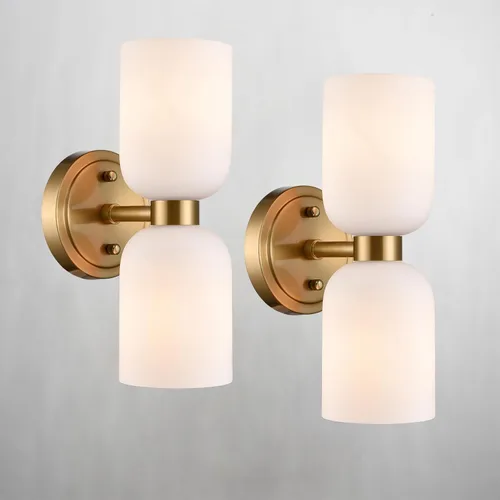 Miniatura 10 de CLAXY Lámpara de pared moderna de baño en oro con vidrio lechoso, accesorios de iluminación de baño con 2 luces regulables Dorado