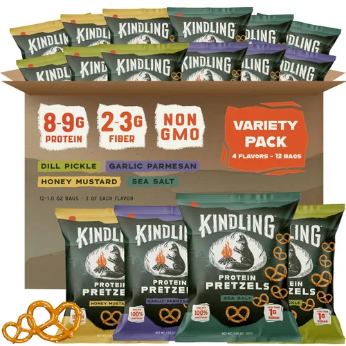 Miniatura 10 de Kindling Pretzels proteicos - Sal marina Bolsas de tamaño aperitivo llenas de proteínas Kosher 0.28-0.32 oz de proteína por porción Sin