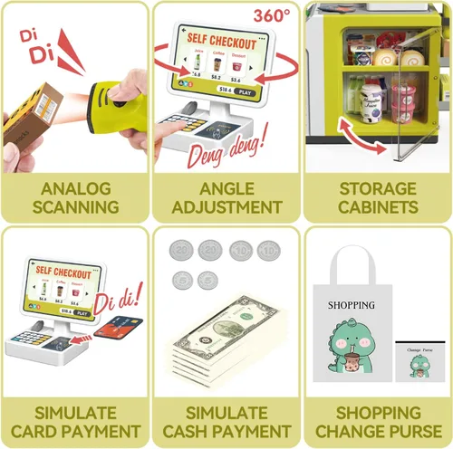 Miniatura 4 de Juego de caja registradora para niños – 48 piezas de dinero de simulación, calculadora, escáner, tarjeta de crédito y comida de juego para niños
