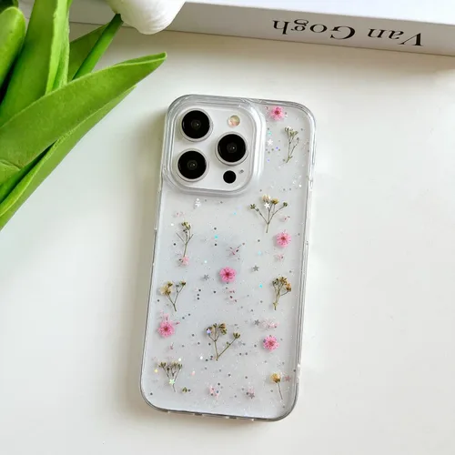 Miniatura 2 de LSEEKA Funda transparente para iPhone 14 Pro con diseño de flores reales prensadas, con purpurina, bonito patrón floral rosa, delgada, suave, funda