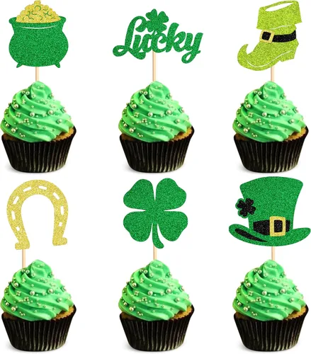 Miniatura 11 de Juego de 1 palillos para tartas de trébol, decoración de trébol con purpurina verde dorada para cumpleaños, baby shower, suministros de fiesta