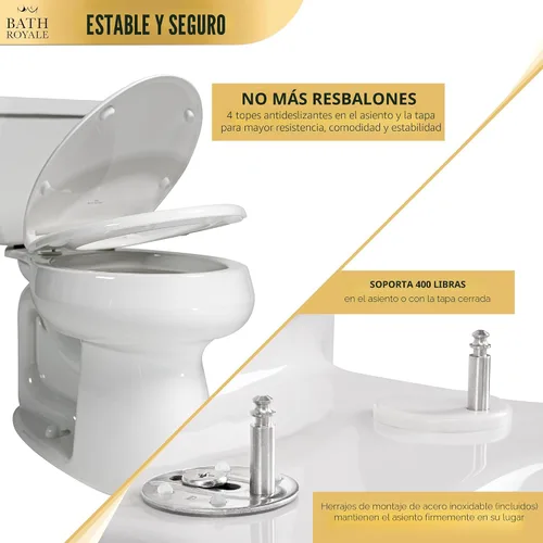 Miniatura 4 de Bath Royale Asiento de inodoro redondo de cierre suave con tapa BR500-00 blanco, cómodo, duradero, resistente, resistente a las manchas y fácil