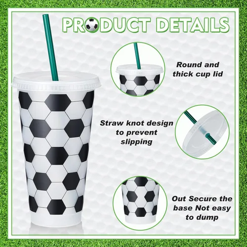 Miniatura 3 de Uiifan 6 Piezas Vasos de Fútbol de Plástico, Vasos Reutilizables a Granel con Tapa y Pajita, Regalos Deportivos para Entrenadores, Aficionados