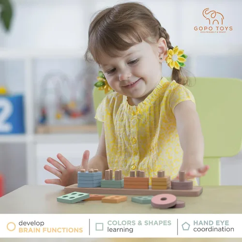 Miniatura 5 de GOPO TOYS Juguetes Montessori para niños de 1 año - Clasificador de formas de madera y rompecabezas apilables - Aprendizaje de niños pequeños