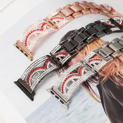 Miniatura 2 de Pulsera de cristal de lujo compatible con Apple Watch Band 38/40/41/42/44/45/46/1.929 in, iWatch Series 11/10/9/8/7/6/5/4, correa de metal hueco