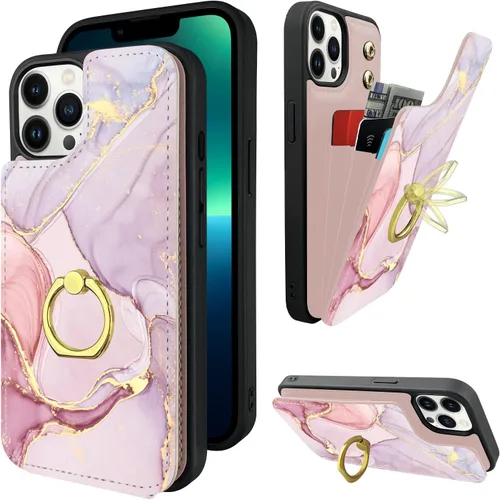 Miniatura 13 de Funda tipo cartera compatible con iPhone 13 Pro con soporte para tarjetas, rotación de 360°, soporte de anillo de dedo con función atril, bloqueo
