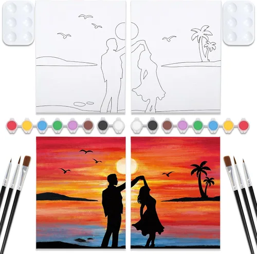 Miniatura 8 de VOCHIC Kit de pintura para sorbos y pinturas, lienzo predibujado para parejas, kit de pintura para adultos, citas, noche, atardecer, corazón