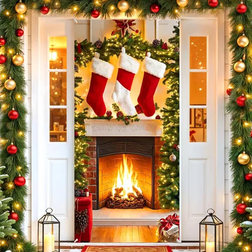 Cartel de cubierta de puerta de chimenea de Navidad con medias y letrero – Fondo de soporte para cabina de fotos para vacaciones interior/exterior