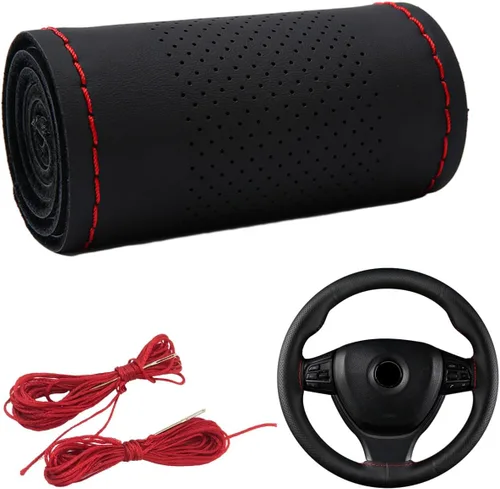 Miniatura 20 de Dickno Funda para volante de automóvil, protector de volante antideslizante con costura envolvente para diámetro máximo de 15 pulgadas, costura DIY