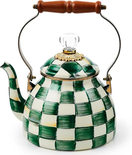 Miniatura 15 de MACKENZIE-CHILDS Tetera esmaltada, elegante tetera para estufa, cuadros cortesanos en blanco y negro, 3 cuartos de galón color fantasía