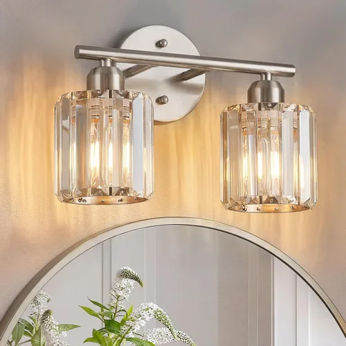 Moderna lámpara de tocador de cristal de 2 luces, lámpara vertical de baño de níquel cepillado sobre espejo para tocador y lavabo, compatible con