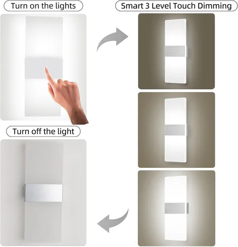 Miniatura 6 de MEHIDFY Juego de 2 apliques de pared, lámpara de pared regulable con control táctil, apliques de pared LED recargables, luces de pared a
