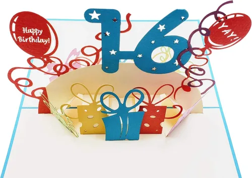 Miniatura 6 de iGifts And Cards Tarjeta desplegable 3D de cumpleaños de 16 años, regalos coloridos y escena de celebración de globos, divertido saludo