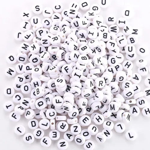 Miniatura 2 de 500 cuentas del alfabeto negro sobre blanco, cuentas redondas de letras acrílicas de 0.394 pulgadas, cuentas de letras blancas del alfabeto A-Z