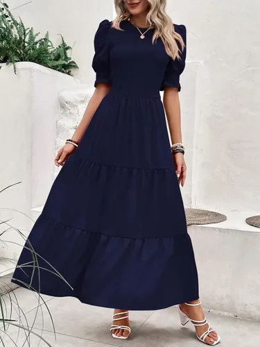 Miniatura 78 de BTFBM Vestidos para mujer, cuello redondo, casual, de verano, con volantes, manga corta, bohemio, con niveles, fruncido, largo, con estampado floral