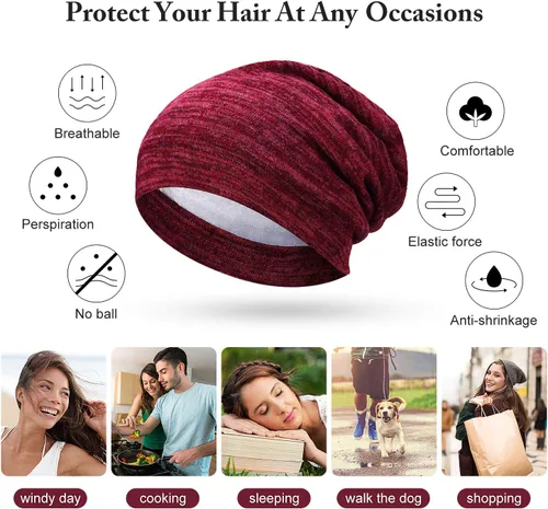Miniatura 11 de 4 Pieces Satin Lined Beanie Cap Satin Sleep Lined Hat Slouchy Beanie Hat Night Silk Hair Cap for Women Men