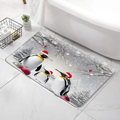 Miniatura 2 de Tapete de baño de pingüino de Navidad, diseño de pingüino gris, animales antárticos, pájaros rojos, pino, bolas de Navidad, paisaje de nieve, feliz
