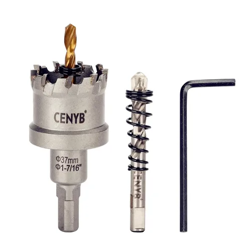 Miniatura 100 de 10 piezas (16-54 mm) Kit de sierra perforadora de carburo TCT para metales duros. Incluye 2 brocas de titanio, 1 broca piloto escalonada y 2 llaves