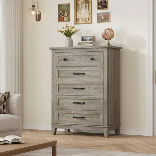 Miniatura 4 de GarveeHome Cómoda de 5 cajones verticales de 41.3 pulgadas de alto con gran almacenamiento, cómoda de madera independiente para dormitorio, sala
