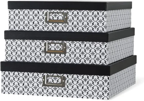 Soul & Lane Cajas de almacenamiento decorativas en blanco y negro con tapas para organizar, juego de 3 cajas de almacenamiento jumbo para álbumes de