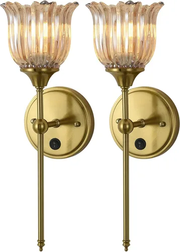 Juego de 2 apliques de pared modernos con pantalla de cristal de flor ámbar, accesorios de luz de pared de tocador de baño de mediados de siglo,